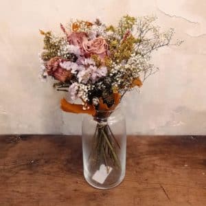 Preserved flower bouquet in a glass vase, long-lasting arrangement